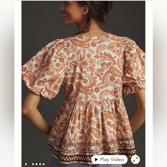 By Anthropologie Puff-Sleeve Babydoll Blouse in Orange Motif, Size Medium, NWOT - Picture 13 of 17